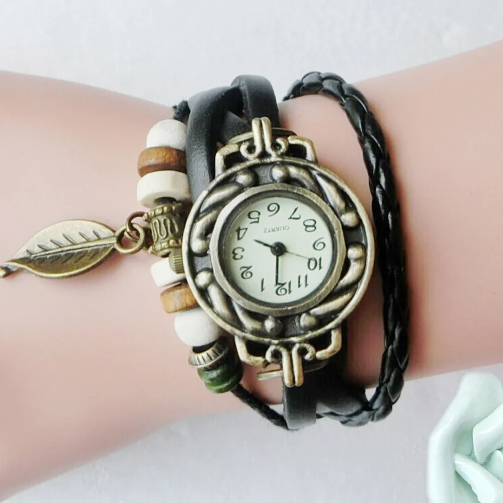 Fashion Women Watches Retro Leather Winding Bracelet Leaf Pendant Watch Hand Accessories Decoration Ladies Watch Montre Femme