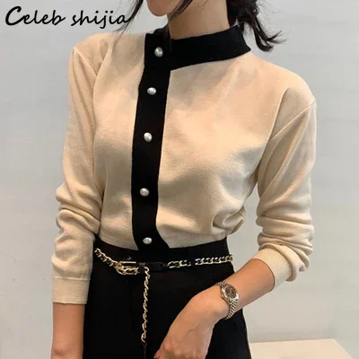 Chic Vintage Sweater Women Autumn O-neck Single-breasted Black Elegant Woolen Jumper Ladies Office Business Pullover Winter