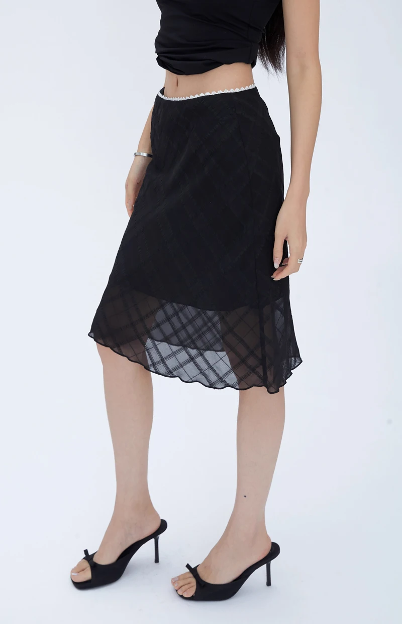 Women Textured Check Mesh Over The Knee Skirt With Side Zip
