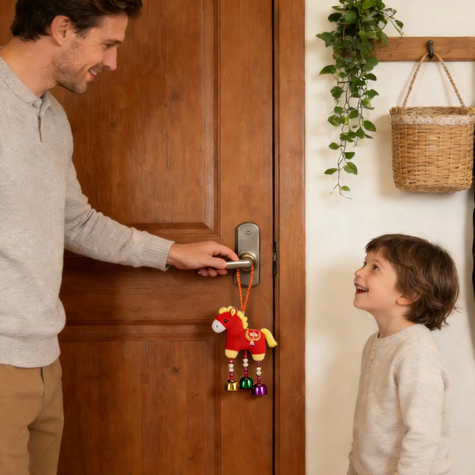 دمية حصان محشوة حمراء قابلة للتعليق مع جرس، دمية حصان قطيفة 2026 لغرفة المعيشة، للمهرجانات الربيعية ورأس السنة الجديدة، للباب والنافذة والجدار