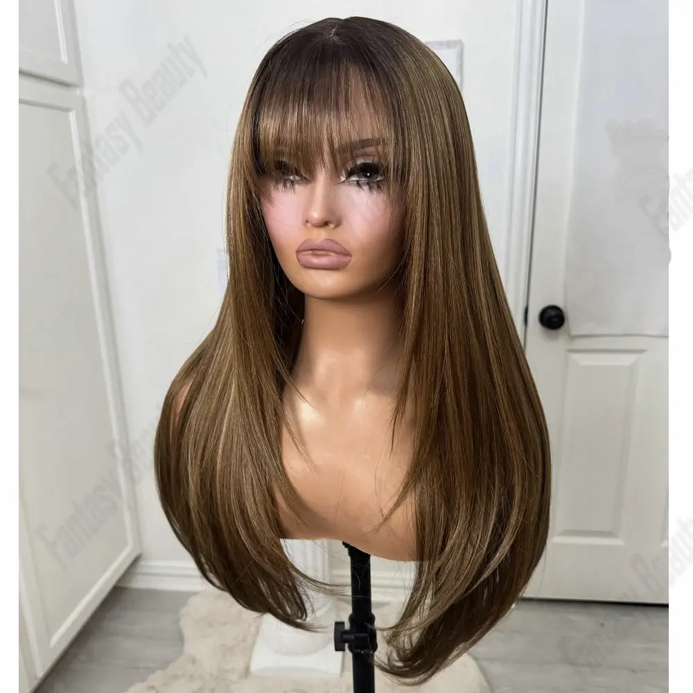 

Парик с челкой Светло-медовый Коричневый Шелковый Прямой Реми Бразильский 100% Человеческие Волосы 13x6 Парики Фронта Шнурка Бесклеевой Перука Шнурка 360