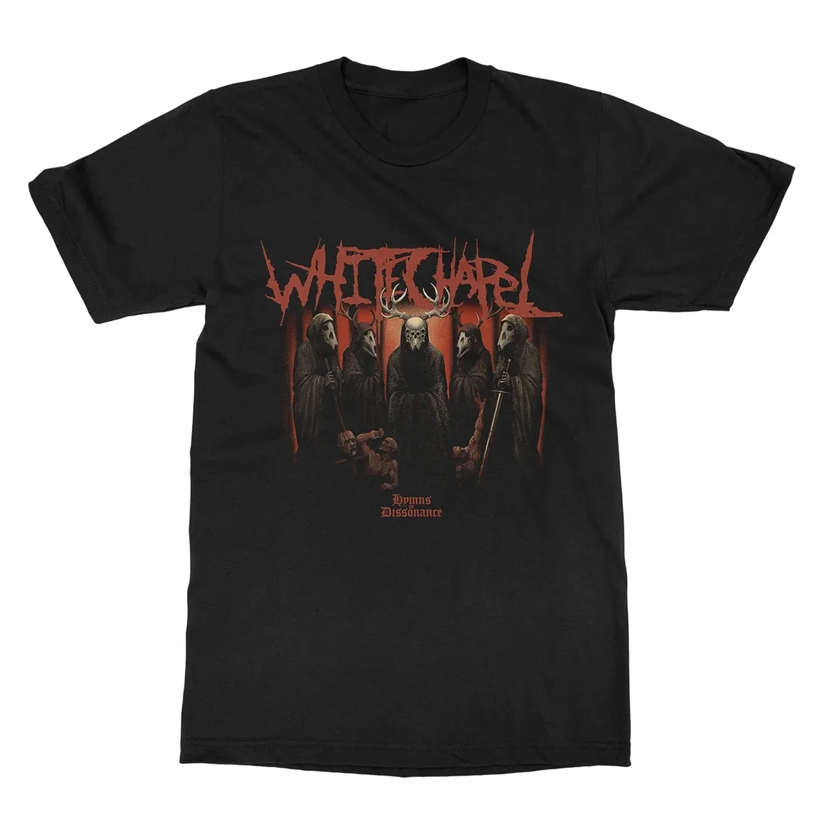Whitechapel Dark Forest Artwork Print Featuring Cloaked Antler Skull Figure Woodland Background and Torn Red Band Lettering T
