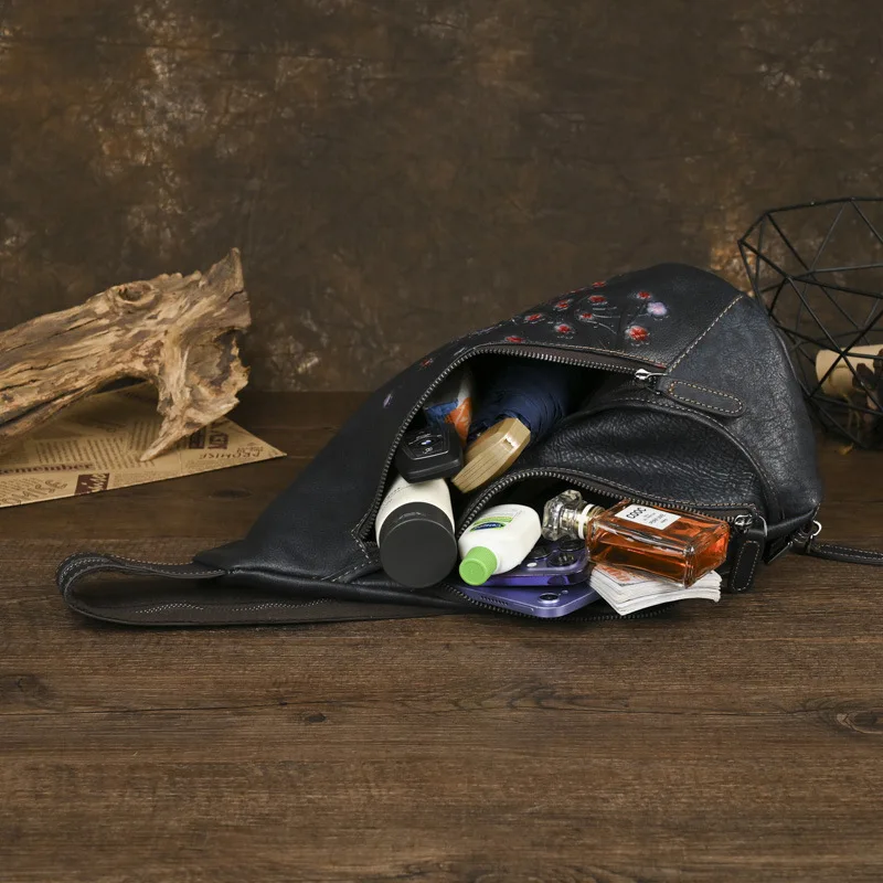 Chinese Style Genuine Leather Backpack Woman Black Ladies Real Cow Leather Double Shoulder Bag Floral Pattern Travel School Bags