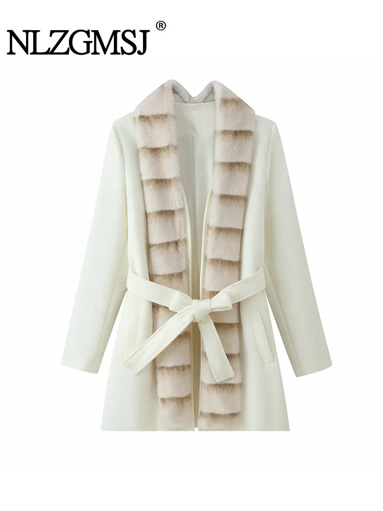 

NLZGMSJ женская куртка 2025, новая зимняя модная однотонная куртка с меховым воротником и длинным рукавом с поясом, женская шикарная верхняя одежда для отдыха