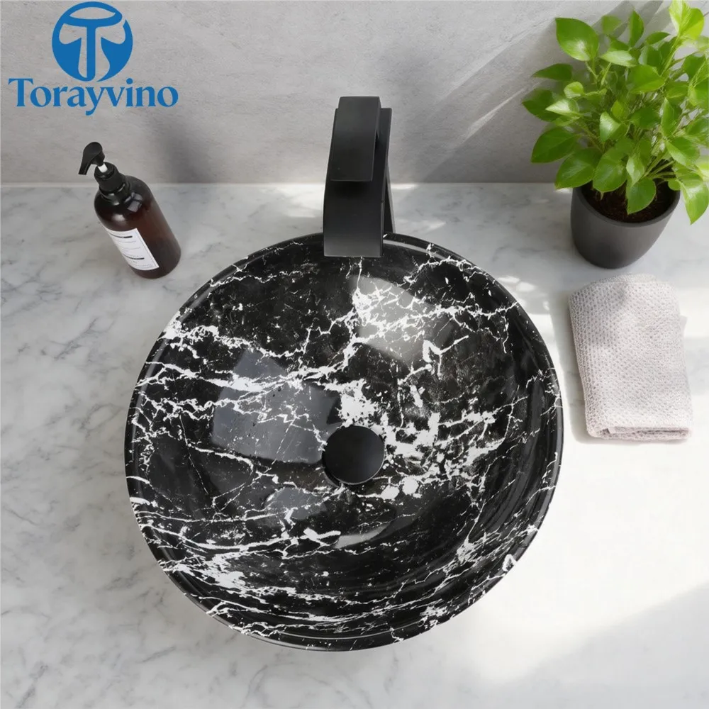 Torayvino Ceramic Bathroom Vessel Basin Marbling Round Bowl Vainty Sink Above Counter with Waterfall Faucet and Pop-up Drain
