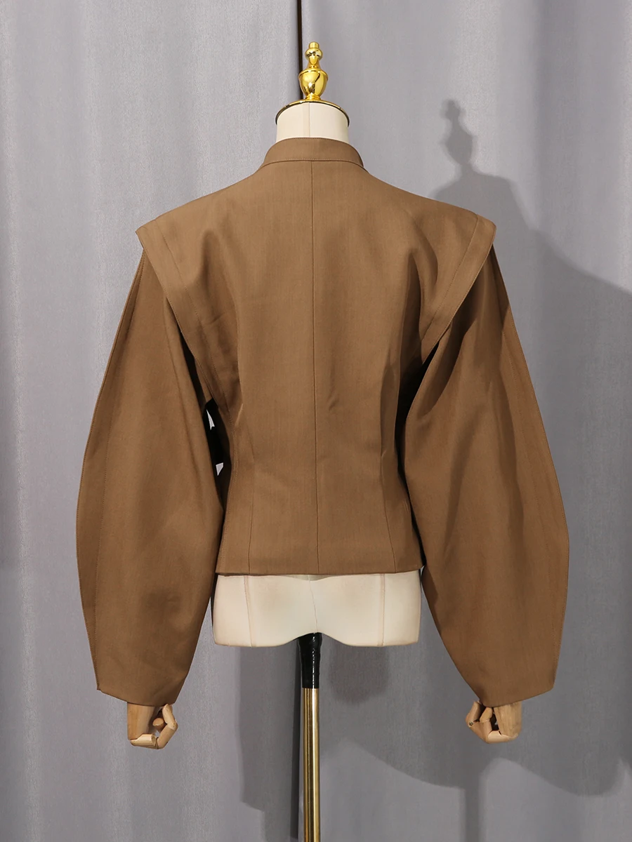 VGH Solid Temperament Loose Spliced Lace Up Short Jackets For Women Stand Collar Long Sleeve Autumn Designer Party Coat Female