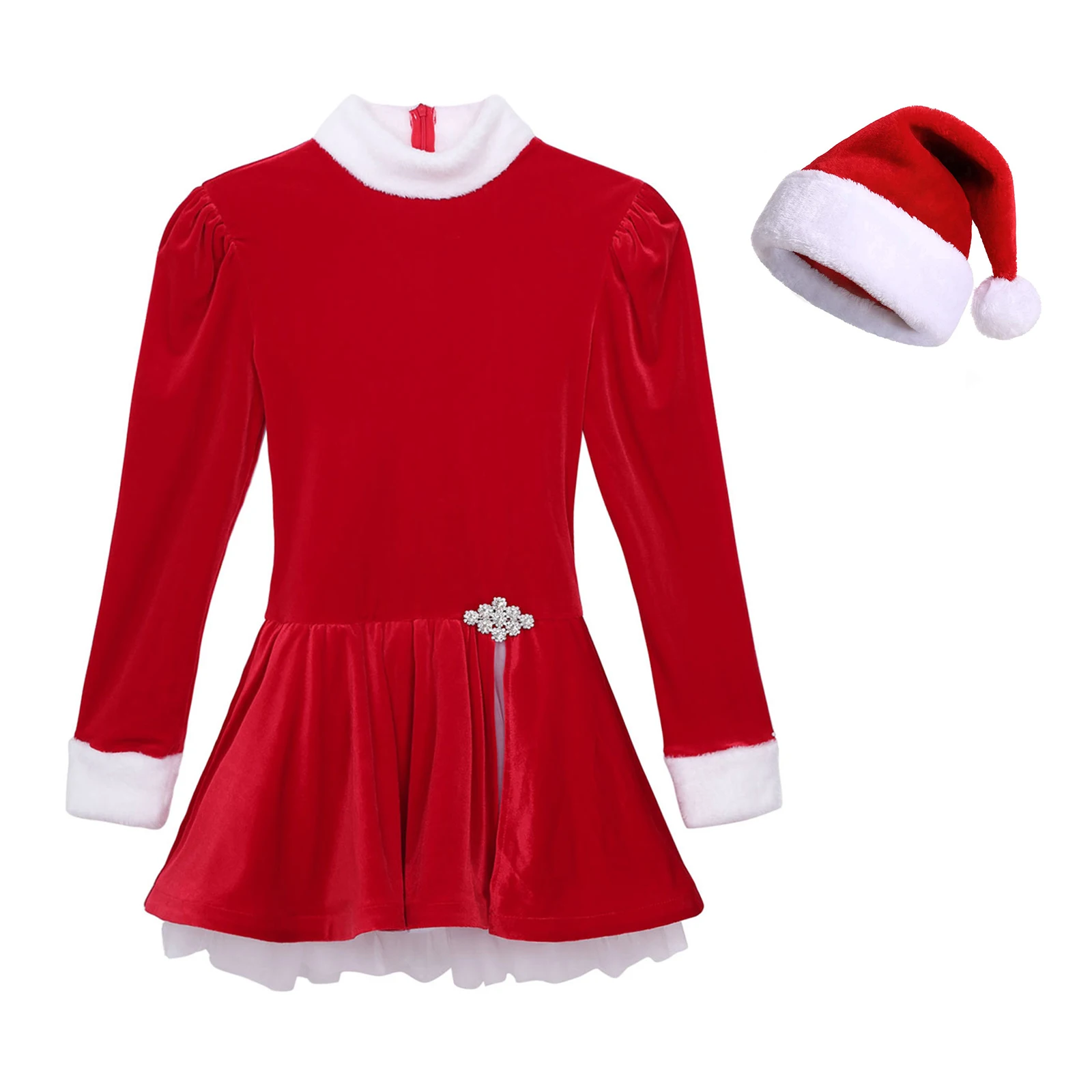 Womens Christmas Dance Costume New Year Xmas Party Long Sleeve Roller Figure Skating Ballet Dance Velvet Leotard Dress with Hat