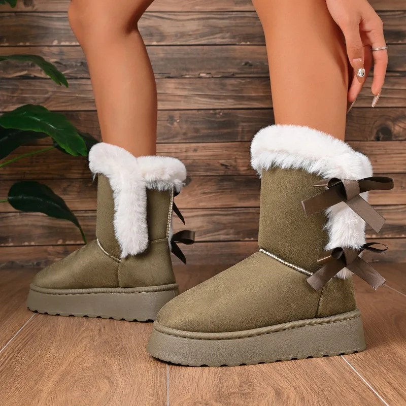

Large-sized Bow Snow Boots for Women 2025 New Winter Fashion and Casual Thick-soled,Fleece and Thickened Warm Cotton Shoes，36-43