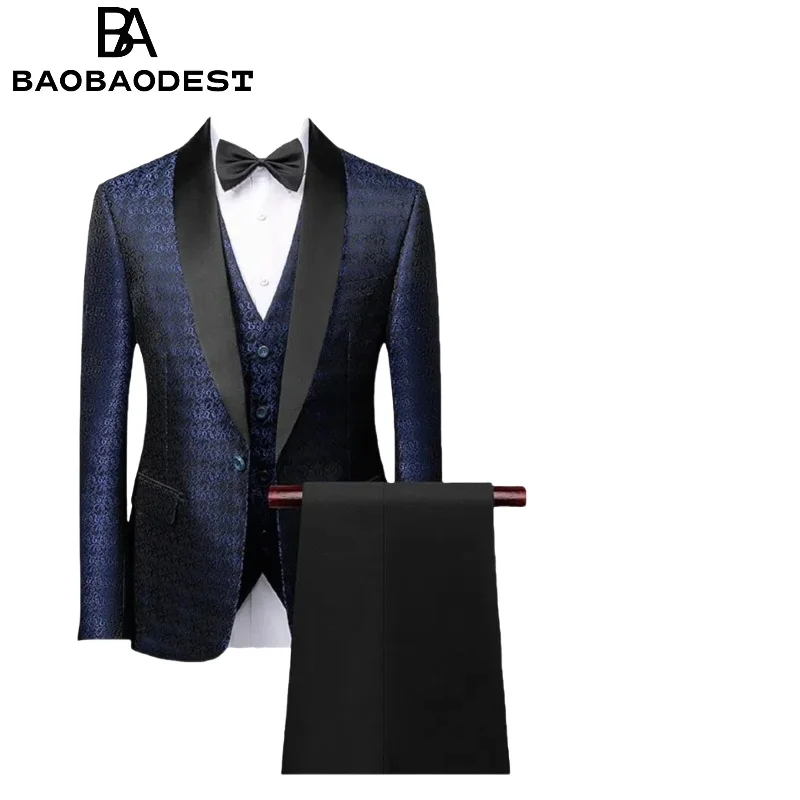 

Men's 3-Piece Jacquard Wedding Suit Set - Slim Fit Vintage Tuxedo with Blazer, Vest & Pants, One Button Groomsmen Formal Attire