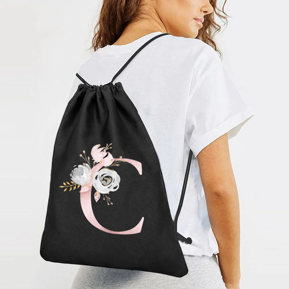 Sports Bag Canvas Drawstring Backpack Double Shoulder Bags 3 Women Travel Pink Flower Print Organizer Portable Knapsack Men 2024