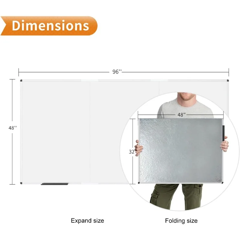 Large Magnetic Whiteboard/Foldable Dry Erase Board, 96 X 48 Inches, Wall Mounted White Board for School Office and Home 8' x 4'