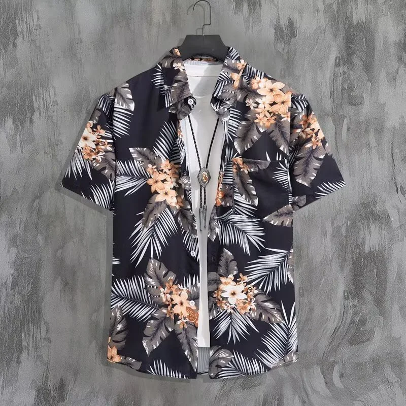 Raya Kurta Kemeja Hawaii Lelaki Summer Loose Casual Flower Bercorak Printing Short Sleeve Shirt Men Baju Kemeja  Lengan Pendek