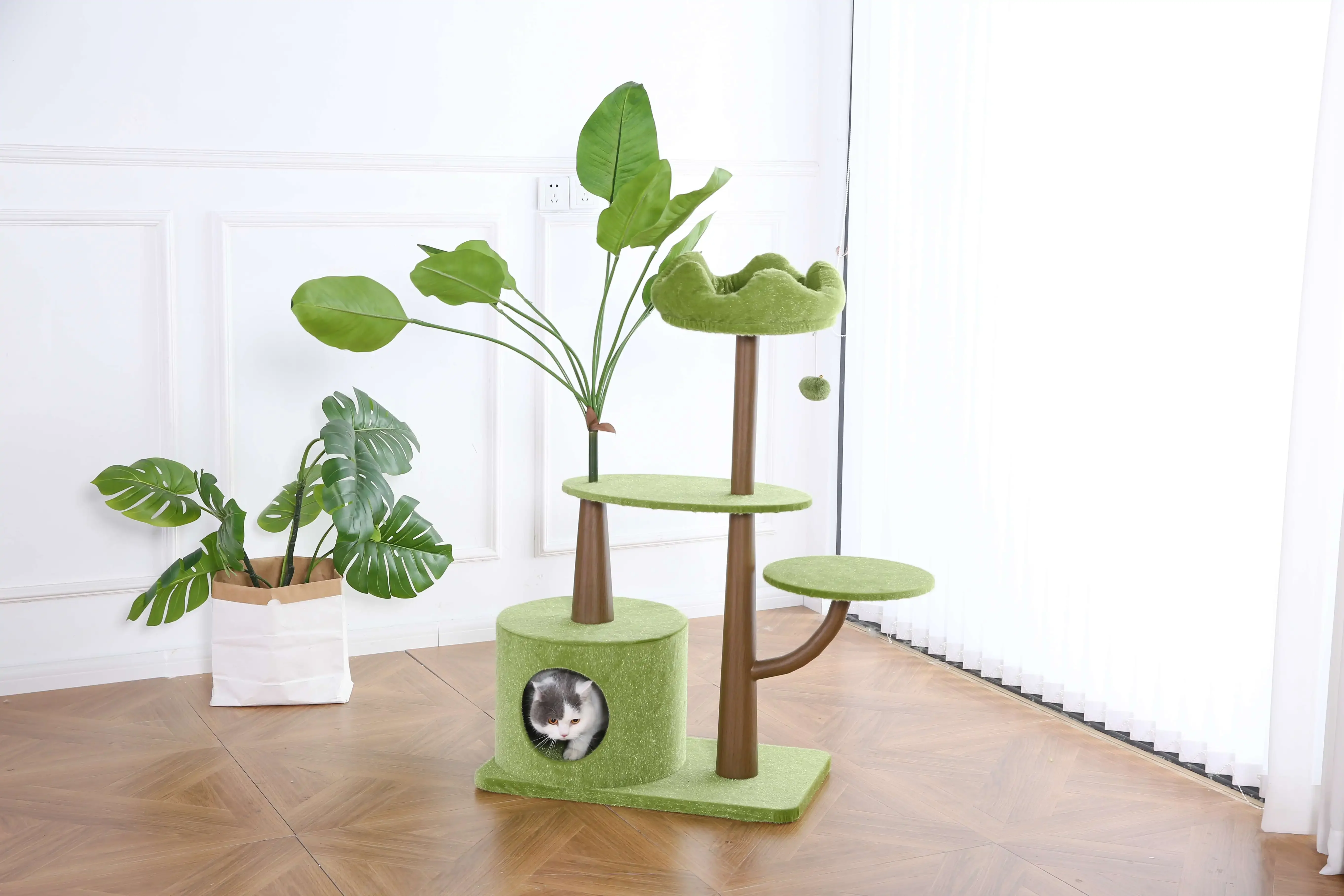 Manufacturer Home Decorative Cat Furniture Solid Steel Cat Tree Condo Large Platform Green Plants Cat Climbing Frame