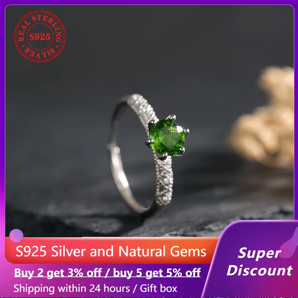 

Fashionable 925 sterling silver women's crystal ring, paired with natural diopside gemstone wedding jewelry with adjustable size