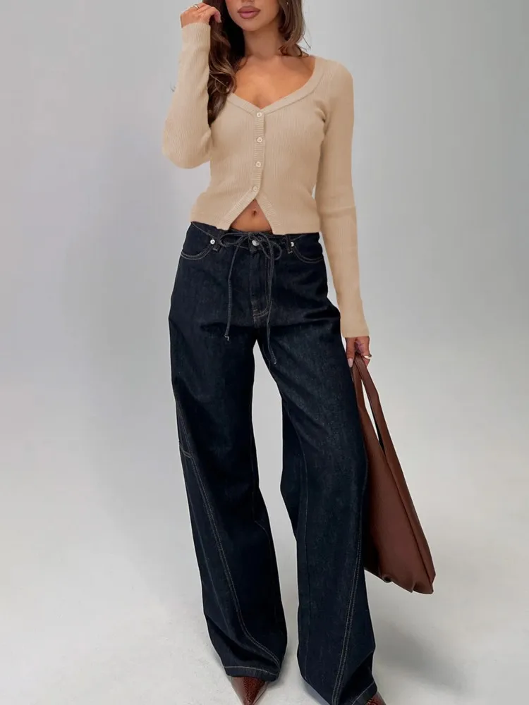 Autumn And Winter V-neck Long-sleeved Ribbed Button Cardigan Slim Commuting Chic Top Women's Street Fashion Casual Versatile Top