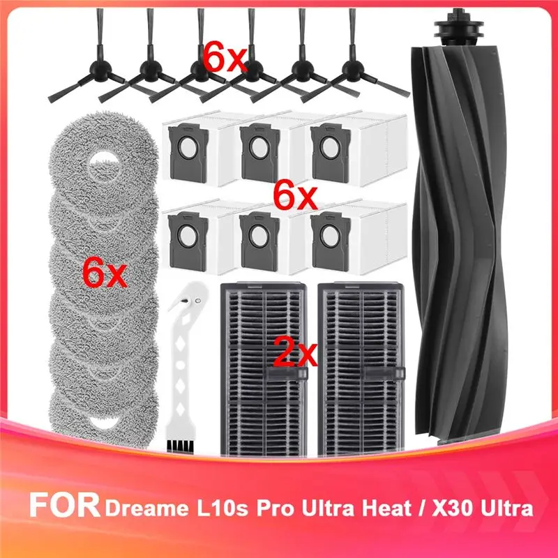 

Аксессуары A02M для робота-пылесоса Dreame L10s Pro Ultra Heat / X30 Ultra: основная щетка, мешки для сбора пыли, салфетки, фильтры.