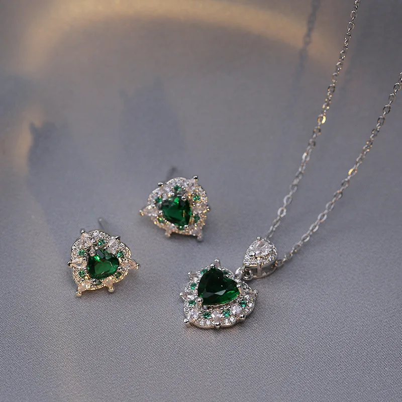 Jewelry Sets Heart Stud Earrings and Pendant Clavicle Necklaces For Women Silver Color Green Zircon Bride Wedding Birthday Gifts