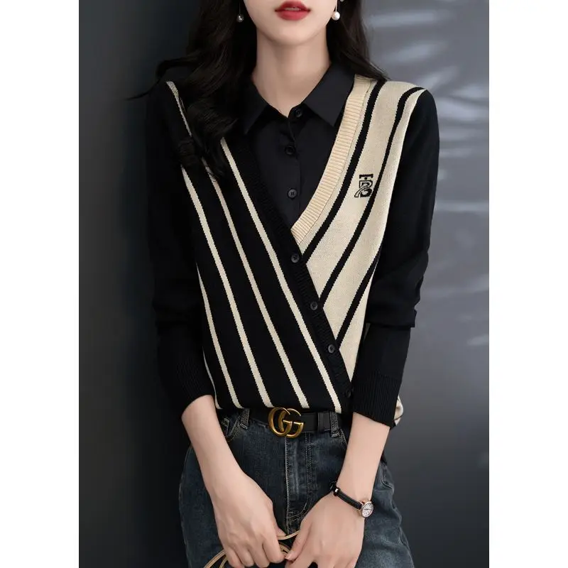 Casual Temperament Fake Two Piece Knitted Shirt for Women\'s Spring Autumn New Western Style Fashion Striped Splicing Shirt Top