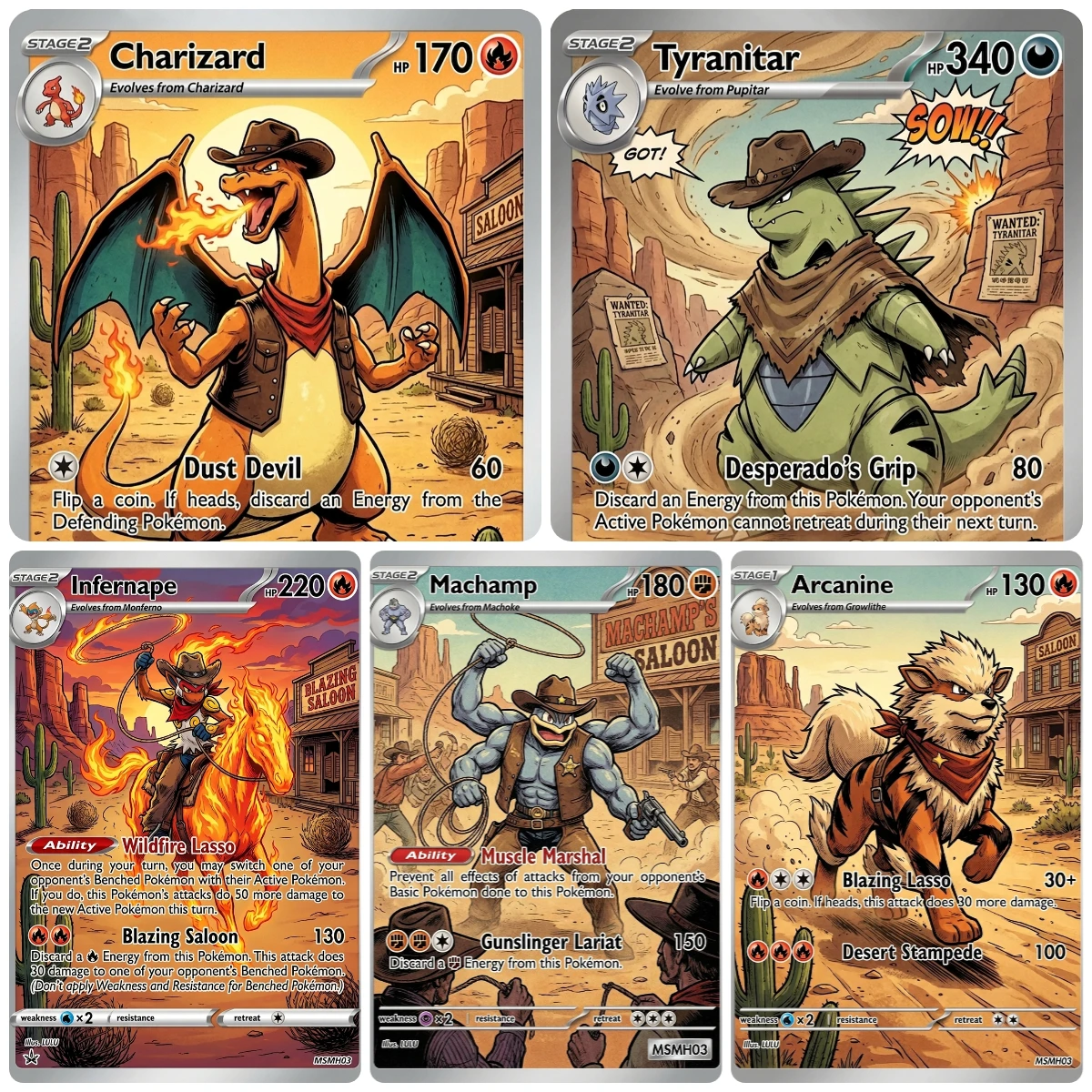 PTCG Cards Western Cowboy Set Holo Rare Cards Tyranitar Arcanine Machamp Charizard PTCG Cards Gift Collection PKM DIY Gift