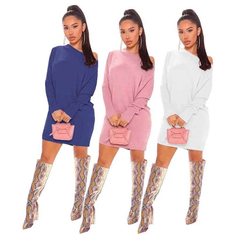 Ladies Fashion Solid Color Knitting Sweater Autumn Winter Casual Long Sleeve Warm Tight Wrap Hip Women Dresses Chic Clothes