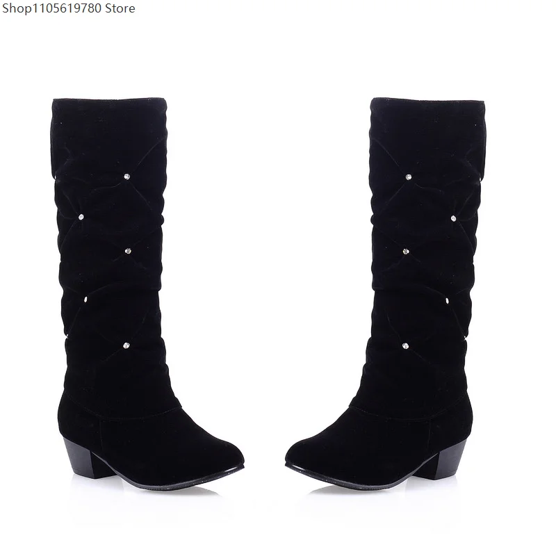 Autumn Winter Suede Women Wrinkle Rhinestone Chunky Mid Heel Mid Calf Plus Size Boots For Cross Border Cosplay Party Outfit 3