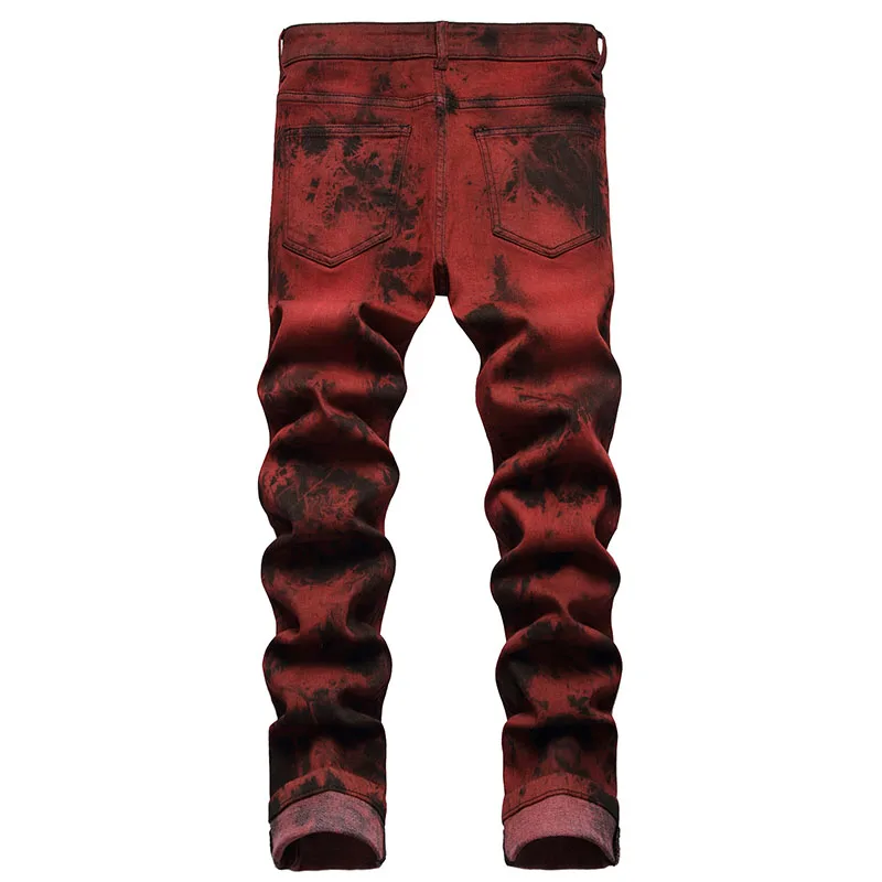 High Quality Slim-fit Jeans for Men Tie-dye Snow Wash  Brick Red Denim Straight Pants Streetwear Fashion Casual Trousers