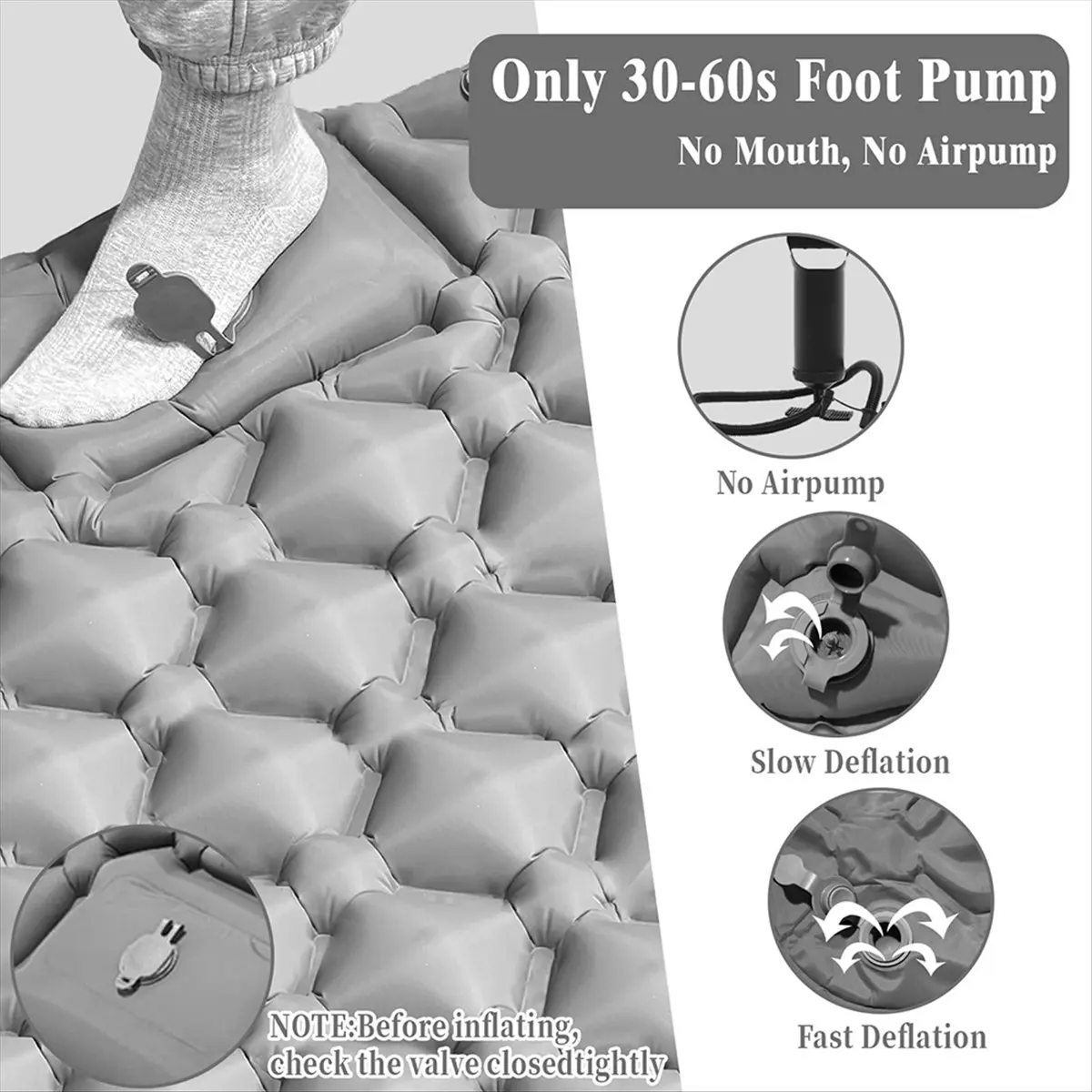 

ABJV Новый надувной коврик для кемпинга с подушкой для кемпинга - встроенный ножной насос, самонадувающийся спальный коврик для пеших прогулок/путешествий, серый