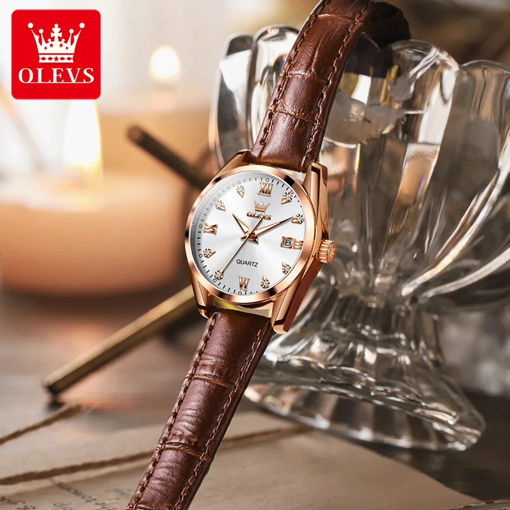 OLEVS Fashion Diamond Quartz Watch for Women Leather Strap Warterproof Calendar Womens Watches Top Brand Luxury Wristwatches