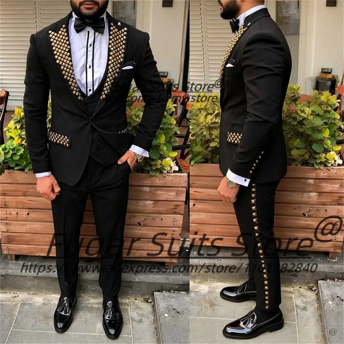 

New Black Formal Gold Peak Lapel Men Suits Customized Single Breasted Groom Wedding Tuxedos 3 Pieces Sets Male Party Blazers