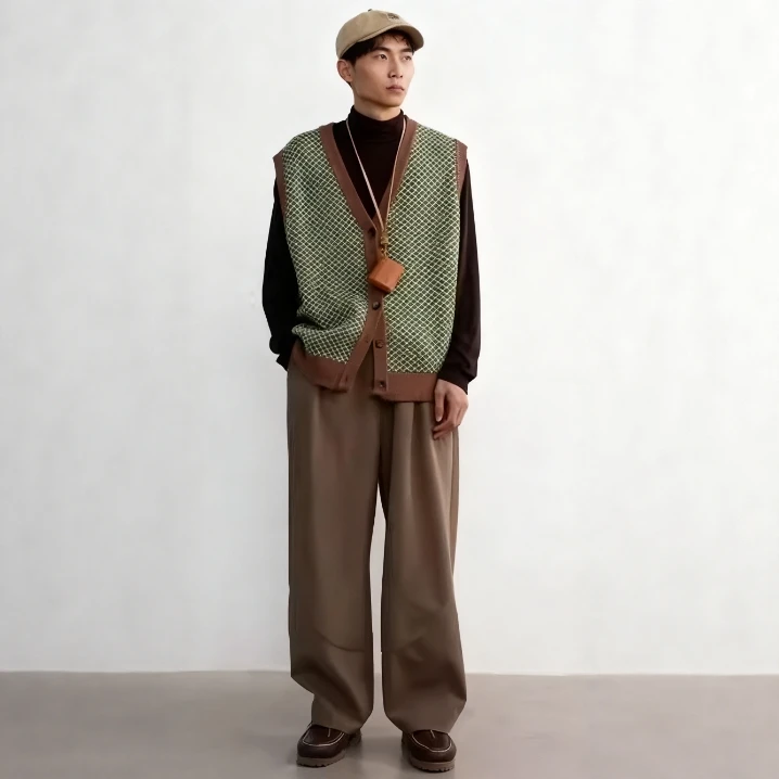 

Retro Japanese Design een Knitted Vest Men's Ins Harajuku Color Blo ular Artistic Sweater Open Cardigan Autumn Faion