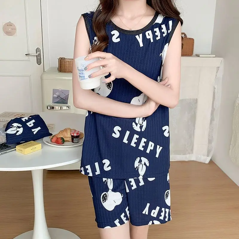 Cartoon Snoopy Summer Pajama Shorts Set Kawaii Anime Snoopy Pattern Women's Clothing Set