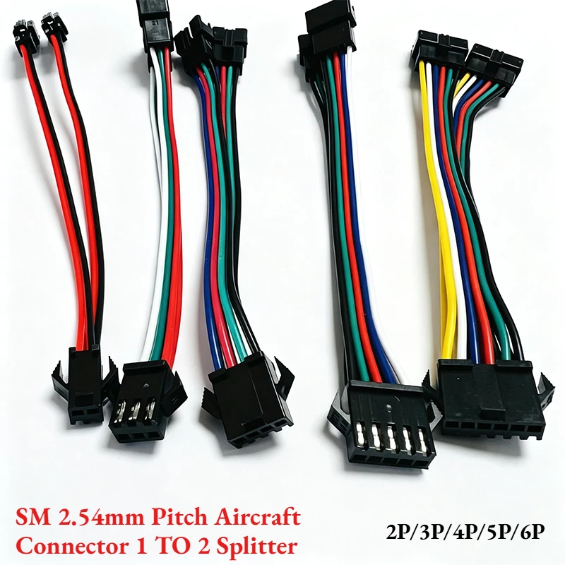 SM2.54 Aircraft Connector 1 To 2 Splitter Cable 2P 3P 4P 5P 6P Double Crimp One In Two Out LED Strip Male Female Plug Wire-150mm