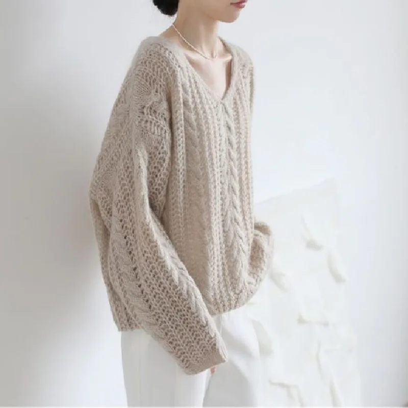 Mohair Knit V-Neck Pullover, Oco, Montagem solta, Top de malha, Outono