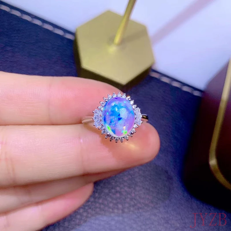 Natural opal woman rings change fire color mysterious 925 silver adjustable size 8*10MM
