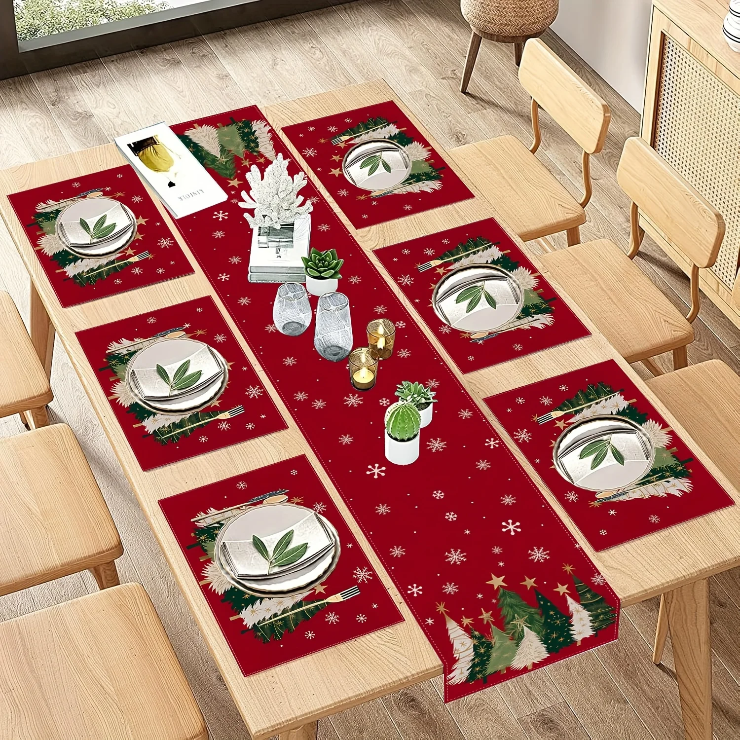 Christmas Table Runner and Placemats  Tree Snowflake Print Table Decor for Holiday Dinner Party Kitchen Dining Table Home Xmas