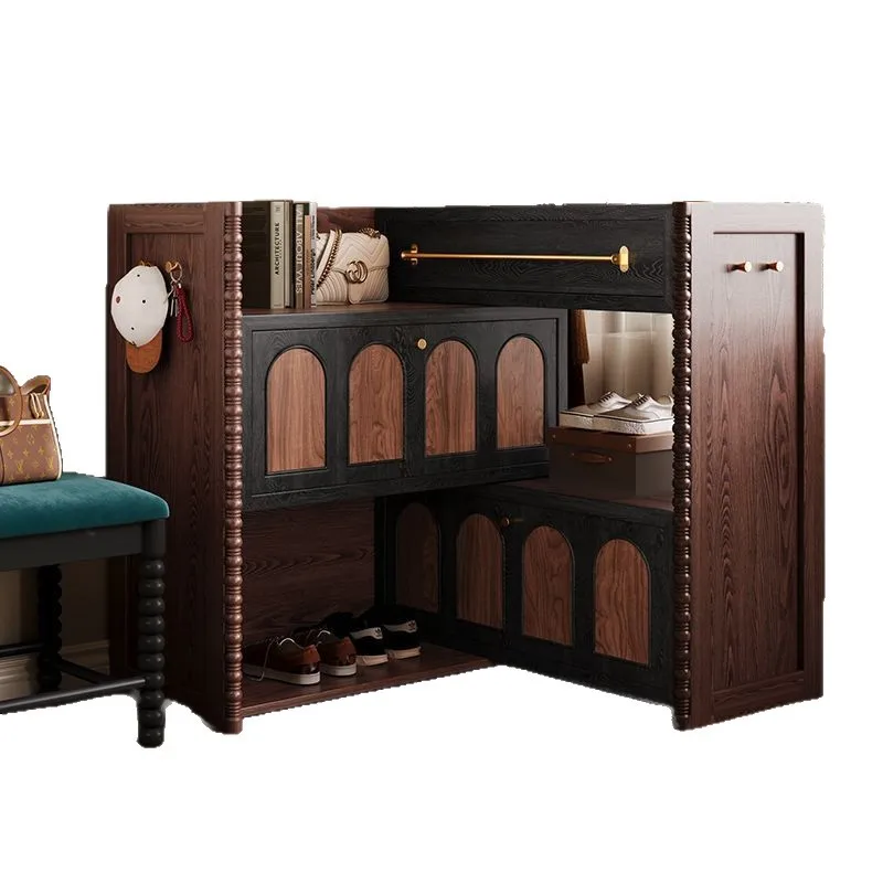 خزانة شرفة دخول من الخشب الصلب على الطراز الفرنسي القديم، خزانة تخزين باب المنزل لغرفة المعيشة