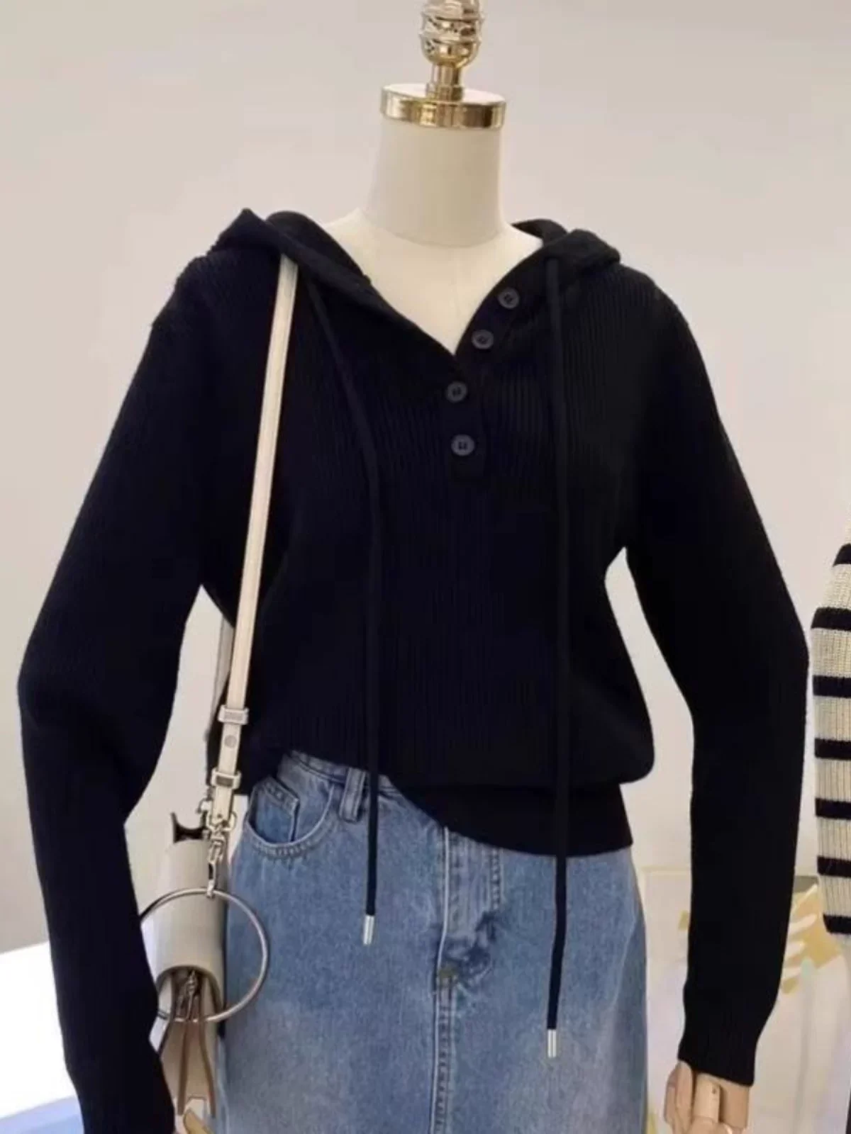 فضفاض محبوك قاعدة irt المرأة الخريف Sle بسيط f زرر مقنعين سترة الرباط تخفيف فضفاضة تناسب طويلة Sve #4