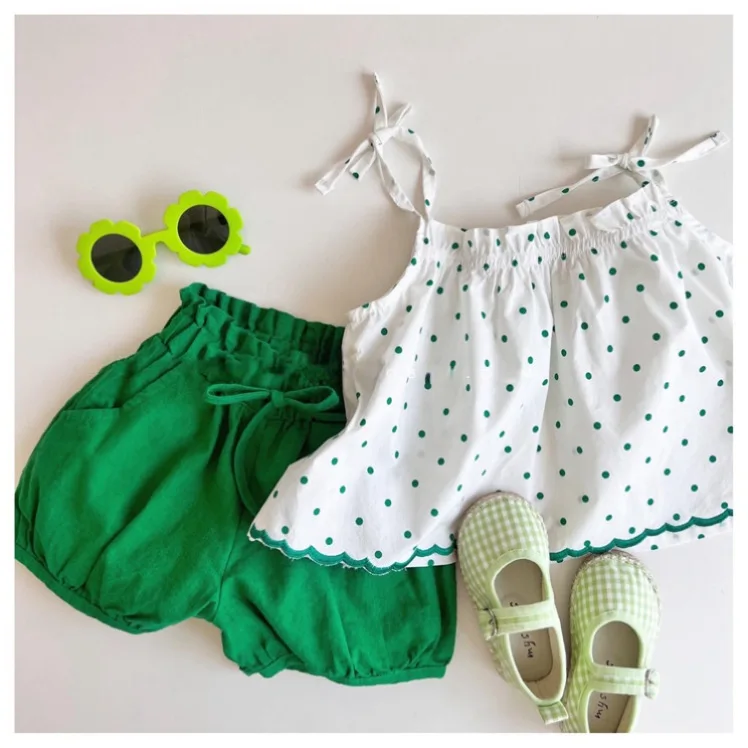 Korean Version of Girls' Summer Foreign Style Baby Girl Suspender Wearing Thin Polka Dot Shorts Two-piece Set of Bread Pants Set
