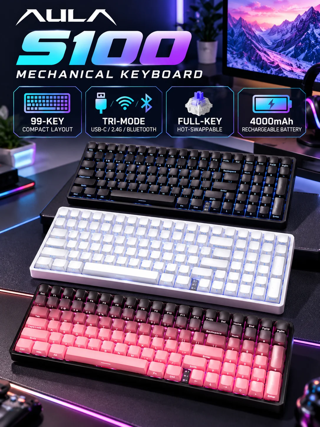 AULA S100 Mechanical Keyboard 99 Keys Tri Mode Wireless 2.4G Bluetooth RGB Hot Swappable PBT Keycaps 4000mAh