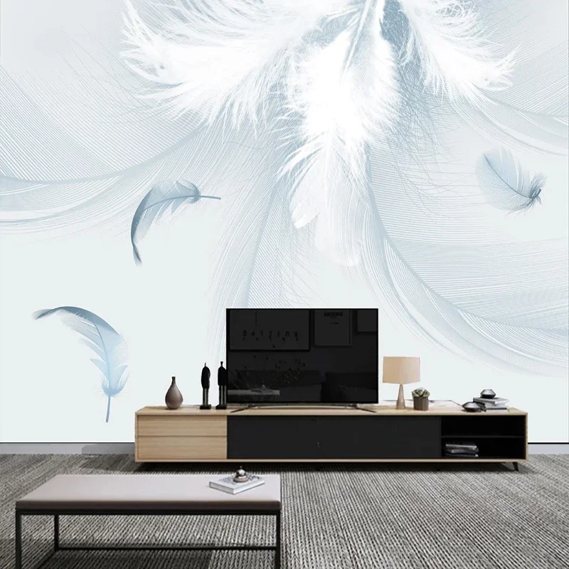 Nordic Style Hand Painted Blue Feather Professional Production Mural Factory Wholesale Wallpaper Mural Poster Photo Home Decor