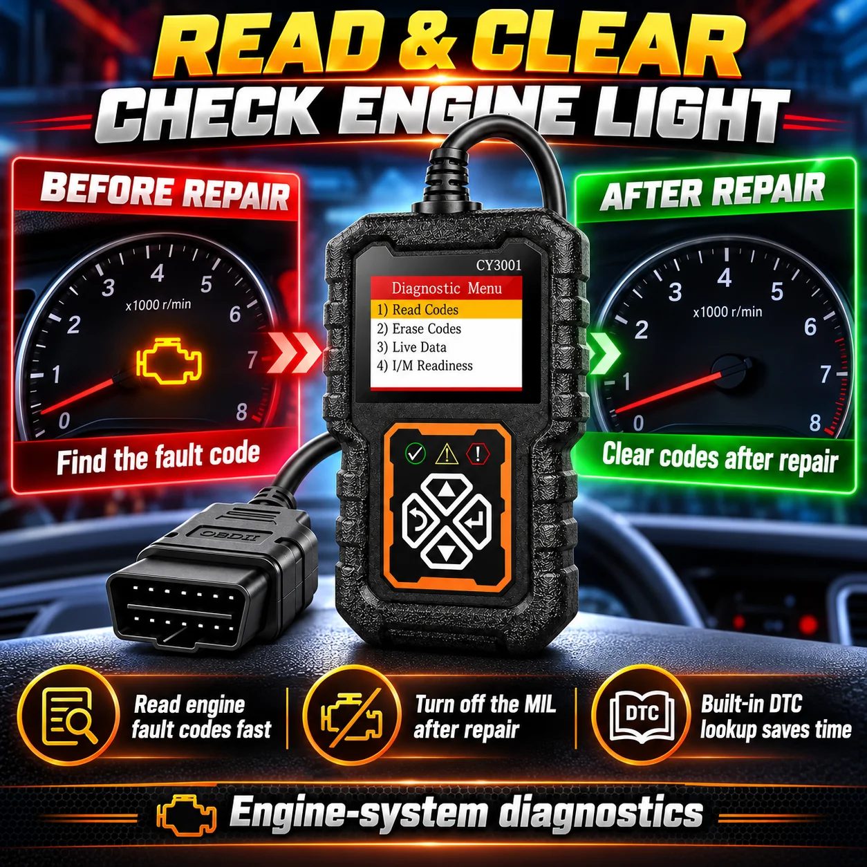 CY3001 OBD2 Scanner Car Diagnostic Tool Engine Fault Code Reader Check Engine Light Code Clearer Automotive OBDII Scanner