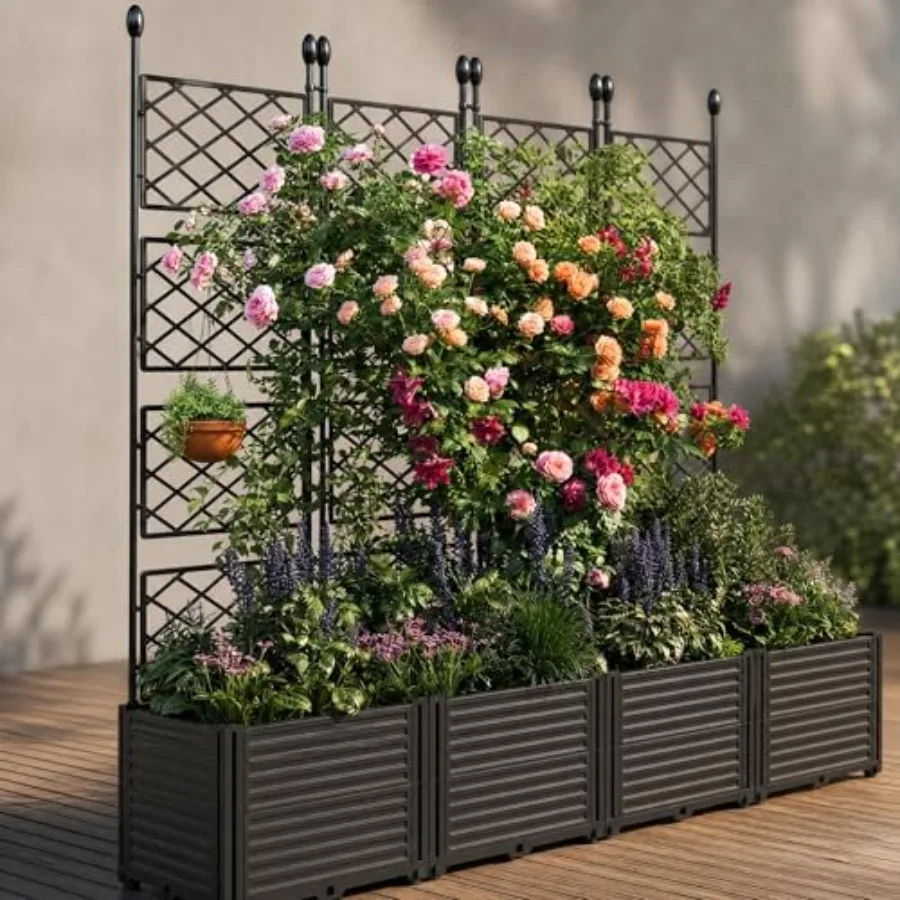 Outdoor raised garden bed with trellis for climbing plants, cedar wood, natural color, modular 3-box design with privacy screen