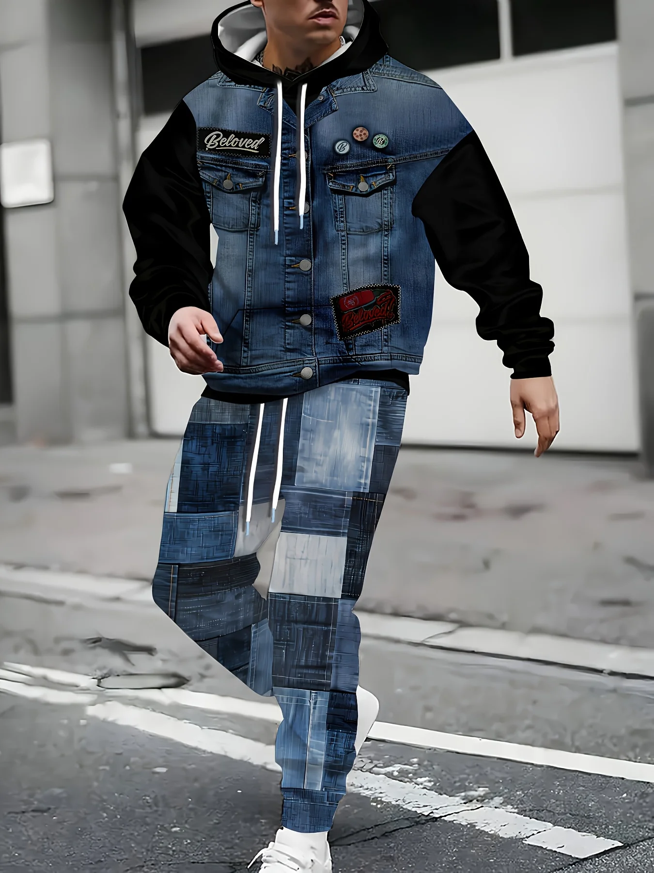 

Мужская толстовка из искусственного денима с 3D принтом и брюки для бега, повседневная спортивная одежда, спортивный костюм с длинным рукавом, весенне-осенний мужской комплект для бега