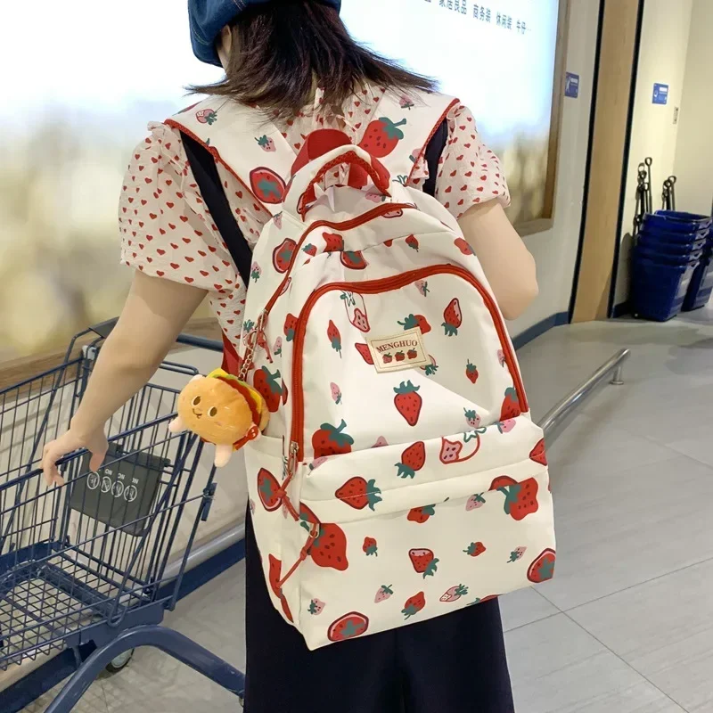 Korea Ins Cute Strawberry Cartoon Printed Backpack Large Capacity Lightweight Fashion Harajuku College Graffiti Student Bag Girl