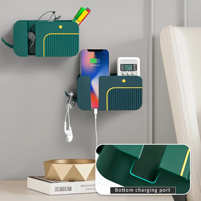 1Pcs Creativity Multifunctional Storage Box Wall Shelves Mobile Phone Charging Adhesive Punch Free Socket Holder Room Organizer