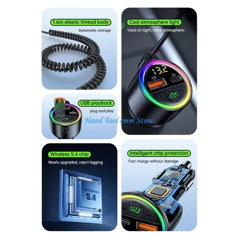 

H37F Fast Car Charging Adapter USB Fast Charging Car Multifunctional 77W Car Retractable Cord LED Display For Car