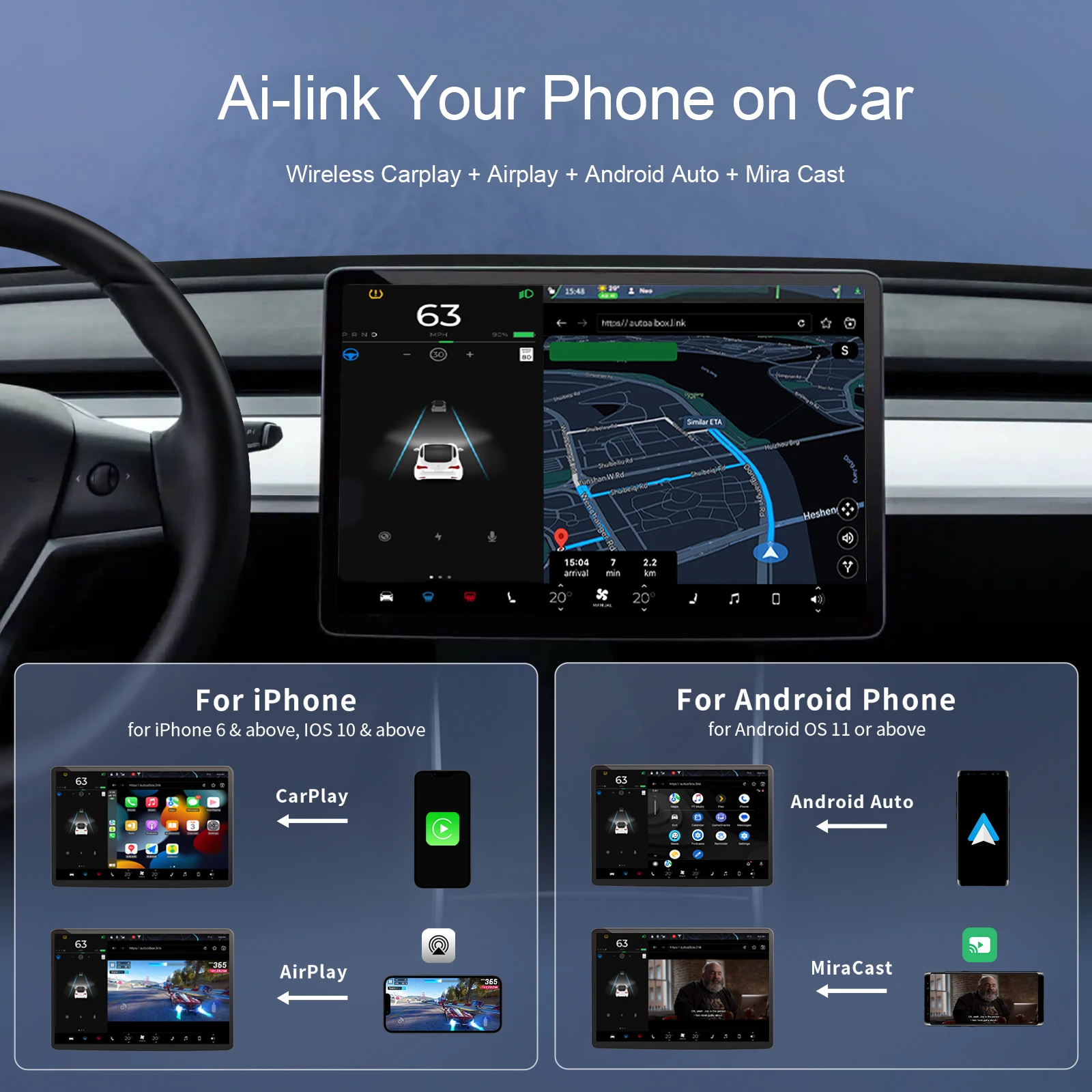 Podofo CarPlay AI Box dla Tesla wszystkie serie Model3 bezprzewodowy Android Auto Carplay 2023 ulepszenie modelu AI podzielony ekran głosowego