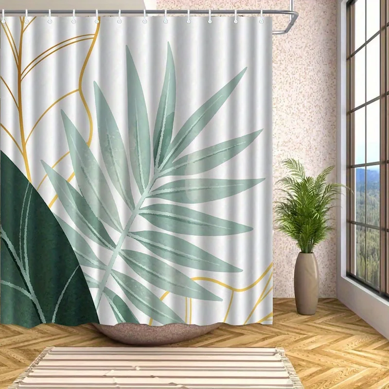 Shower Curtain Hooks 2D Flat Print Silver Gray Background Dark Green Broad Leaf Mint Green Palm Leaf Gold Line Abstract Branches