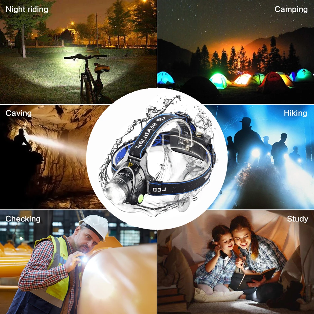 High Lumen LED Headlamp DC Rechargeable Headlight Outdoor Waterproof Head Lamp for Camping Hiking Fishing Hunting Adventure