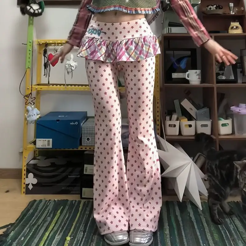 Y2k Kawaii Full Length Pants Women Casual Dot Fake Two-Piece Tail Skirt Flared Japanese Retro Slim Sweet Skirt Trousers